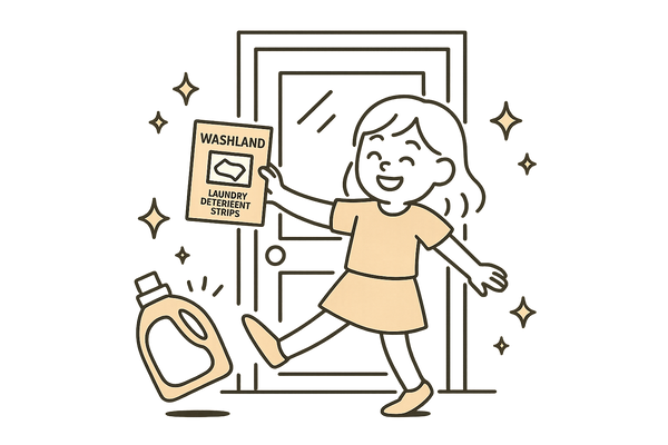 Simple and basic illustration of a happy girl holding a small box of Washland laundry detergent strips while kicking motion of a traditional laundry detergent jug off the ground. Add sparkles. In front of a house door. Transparent background.